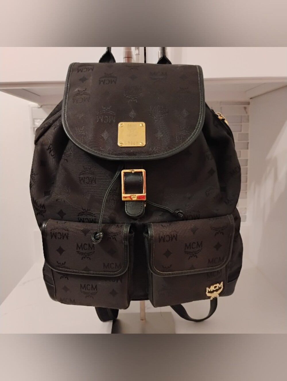 EUC MCM Black Logo Canvas Backpack w/GHW